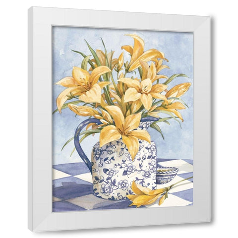Yellow Orchids and Blue Vase I White Modern Wood Framed Art Print by Unknown