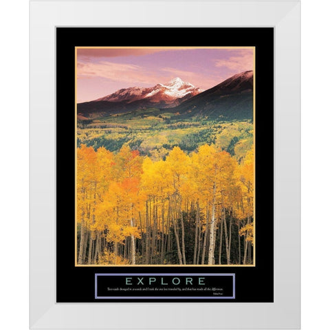 Explore - Mountain and Aspen Trees White Modern Wood Framed Art Print by Unknown