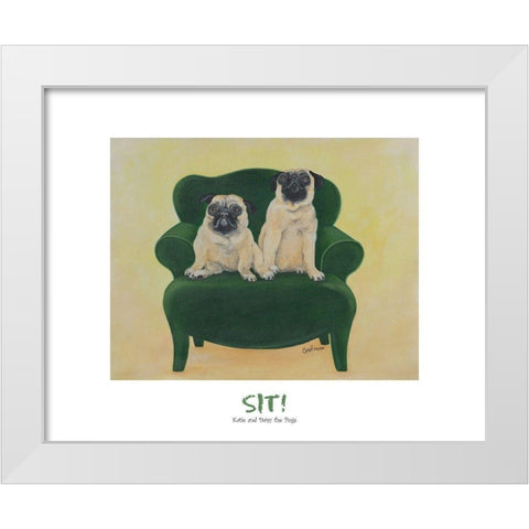 Pugs Sitting on Chair White Modern Wood Framed Art Print by Frontline