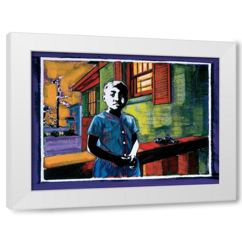 Boy on Stoop White Modern Wood Framed Art Print by Unknown