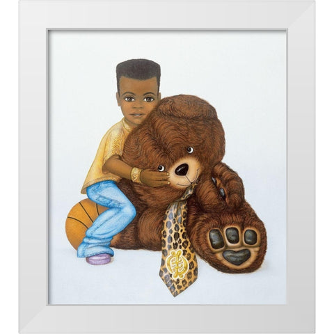 Boy and Teddy Bear White Modern Wood Framed Art Print by Unknown