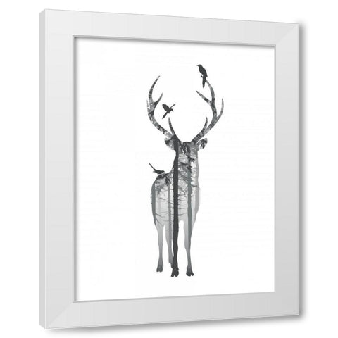 Deer with birds White Modern Wood Framed Art Print by Braun Studio