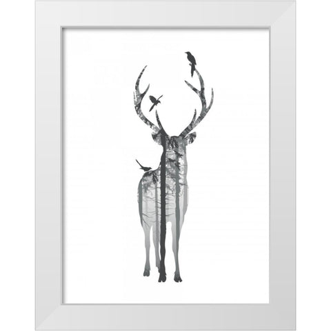 Deer with birds White Modern Wood Framed Art Print by Braun Studio