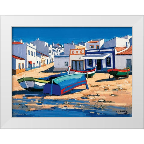 Barque bleue a Alvor White Modern Wood Framed Art Print by Quilici, Jean-Claude