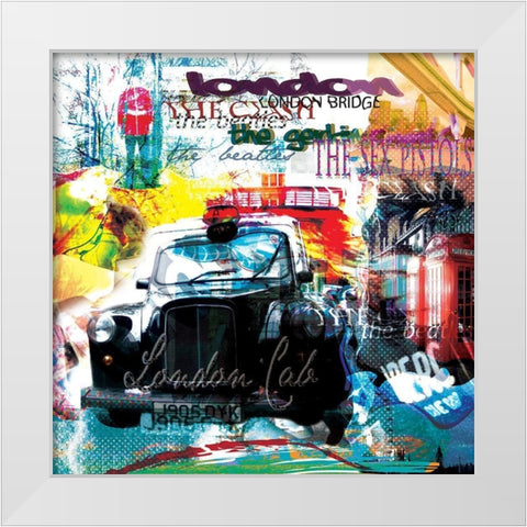 London cab White Modern Wood Framed Art Print by Kaly