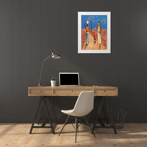 La famille et larbre bleu White Modern Wood Framed Art Print by Rauscher, Michel