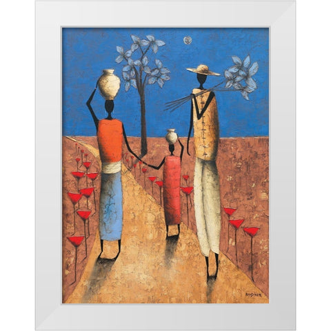 La famille et larbre bleu White Modern Wood Framed Art Print by Rauscher, Michel