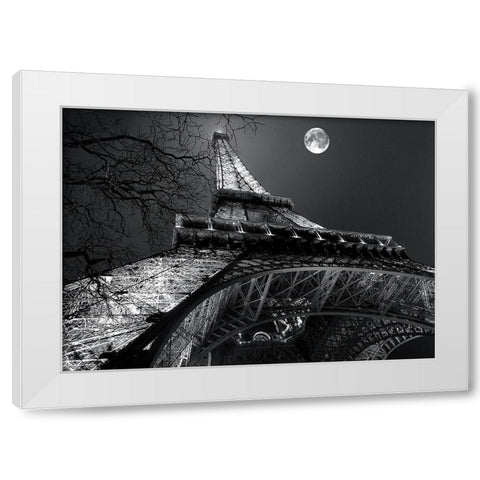 Tour Eiffel, pleine lune White Modern Wood Framed Art Print by Carrara, Antoine