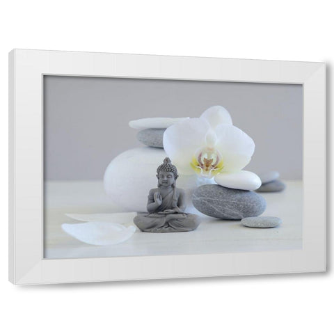 Bouddha grey White Modern Wood Framed Art Print by Chatelain, Sonia
