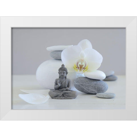 Bouddha grey White Modern Wood Framed Art Print by Chatelain, Sonia