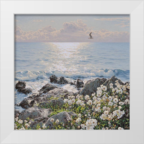 Flowers by the Sea White Modern Wood Framed Art Print by Adamov, Alexey