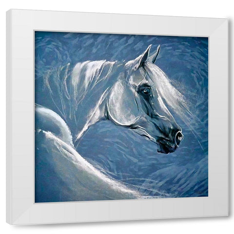 White Horse with Blue Background White Modern Wood Framed Art Print by Medeiros, Celito