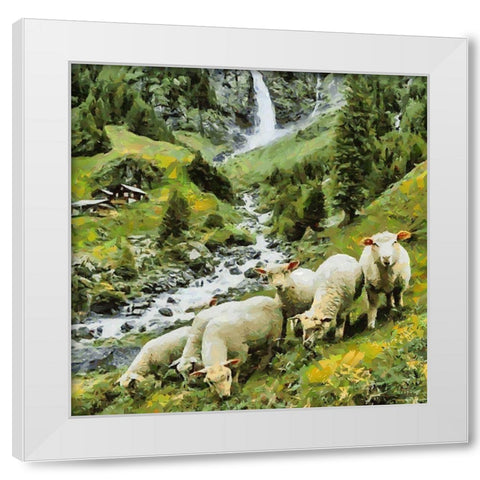 Sheeps in Alps White Modern Wood Framed Art Print by Medeiros, Celito