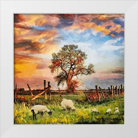 Sheeps by a Tree White Modern Wood Framed Art Print by Medeiros, Celito