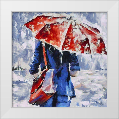 Blue Dress, Red Umbrella White Modern Wood Framed Art Print by Medeiros, Celito