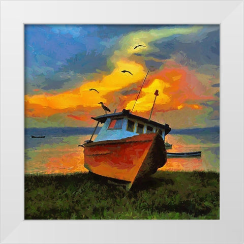 Boath with Birds White Modern Wood Framed Art Print by Medeiros, Celito