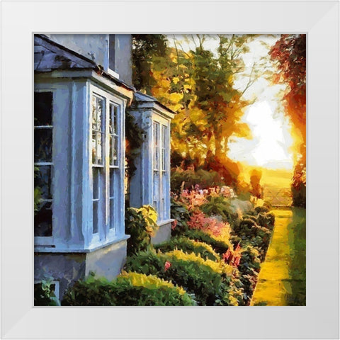 Sunrise in Garden with white House White Modern Wood Framed Art Print by Medeiros, Celito