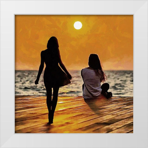Two girls by sunset White Modern Wood Framed Art Print by Medeiros, Celito