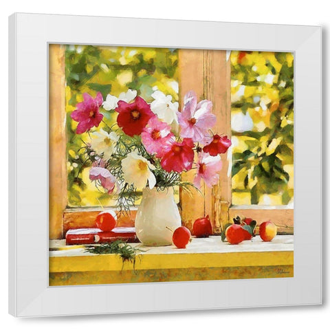 Pink Flowers by the Window White Modern Wood Framed Art Print by Medeiros, Celito