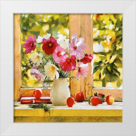 Pink Flowers by the Window White Modern Wood Framed Art Print by Medeiros, Celito