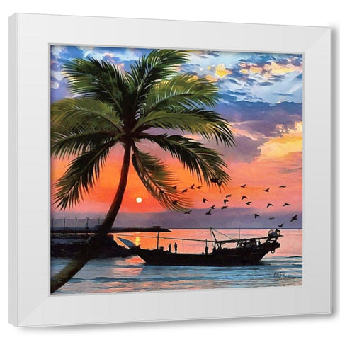 Sunset under Palm Tree White Modern Wood Framed Art Print by Medeiros, Celito