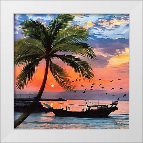 Sunset under Palm Tree White Modern Wood Framed Art Print by Medeiros, Celito