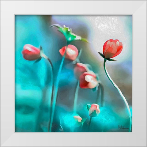 Flowers on Turquiese Background I White Modern Wood Framed Art Print by Medeiros, Celito
