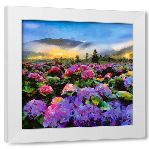 Field with pink Flowers White Modern Wood Framed Art Print by Medeiros, Celito