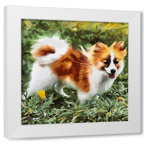 Happy Small Dog White Modern Wood Framed Art Print by Medeiros, Celito