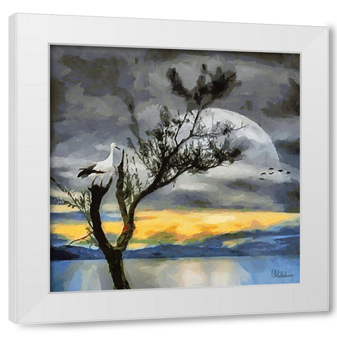 Stork on the Tree White Modern Wood Framed Art Print by Medeiros, Celito