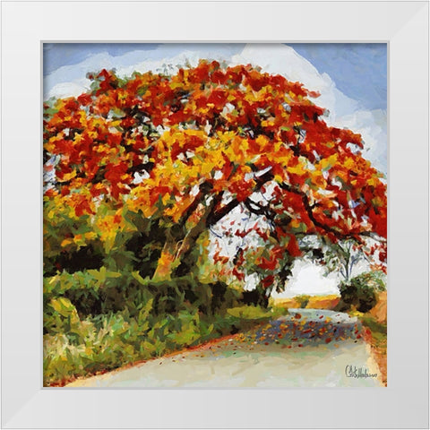 Big red Flowering Tree White Modern Wood Framed Art Print by Medeiros, Celito