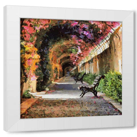 Benches under Blossoming Trees White Modern Wood Framed Art Print by Medeiros, Celito