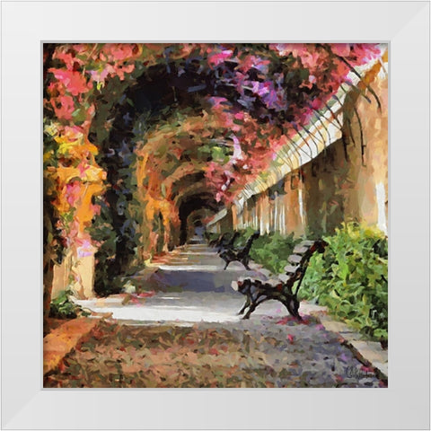 Benches under Blossoming Trees White Modern Wood Framed Art Print by Medeiros, Celito