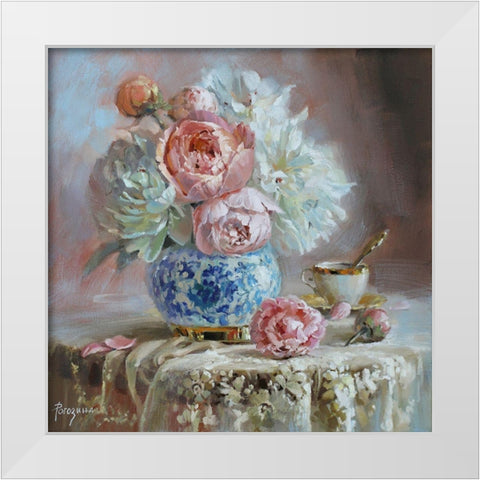 Bouquet in Blue Vase White Modern Wood Framed Art Print by Rogozina, Svetlana