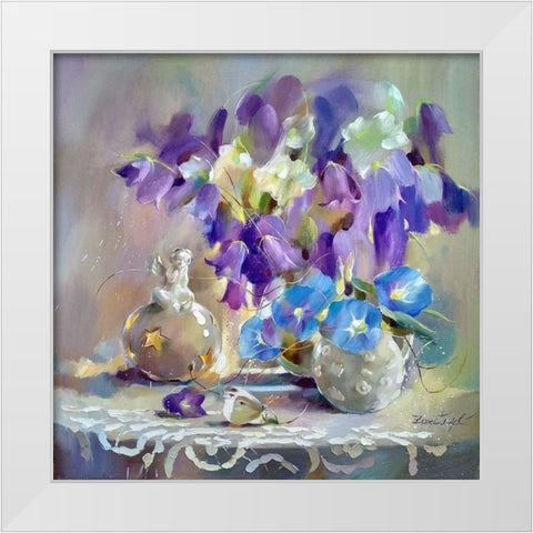 Blue and Purple Bouquet White Modern Wood Framed Art Print by Zareckaye, Tatiana