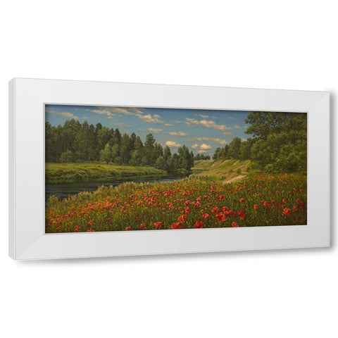 Poppies by the River White Modern Wood Framed Art Print by Adamov, Alexey