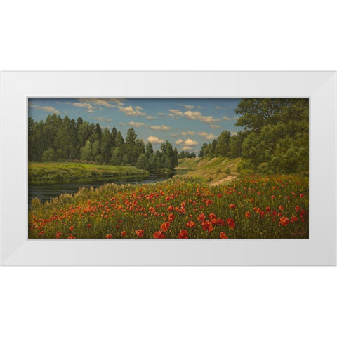 Poppies by the River White Modern Wood Framed Art Print by Adamov, Alexey