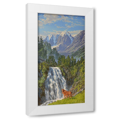 Horses by Waterfall in the Mountains White Modern Wood Framed Art Print by Adamov, Alexey