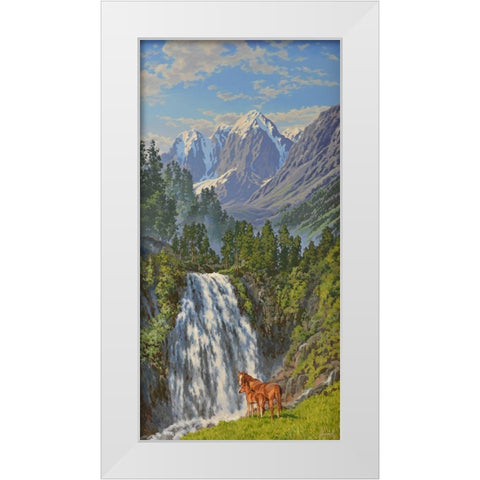 Horses by Waterfall in the Mountains White Modern Wood Framed Art Print by Adamov, Alexey