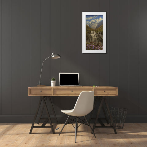 Capricorn by Waterfall in the Mountains White Modern Wood Framed Art Print by Adamov, Alexey
