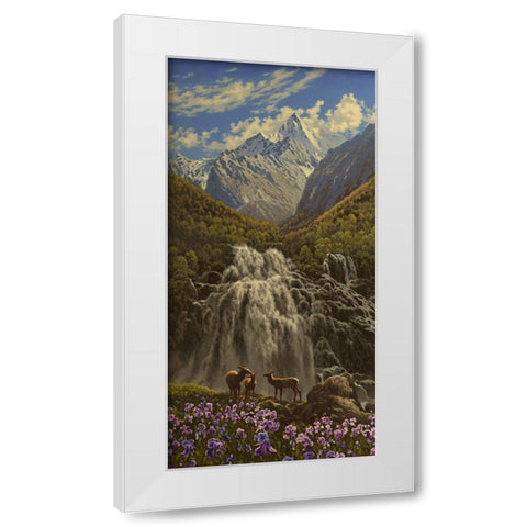 Capricorn by Waterfall in the Mountains White Modern Wood Framed Art Print by Adamov, Alexey
