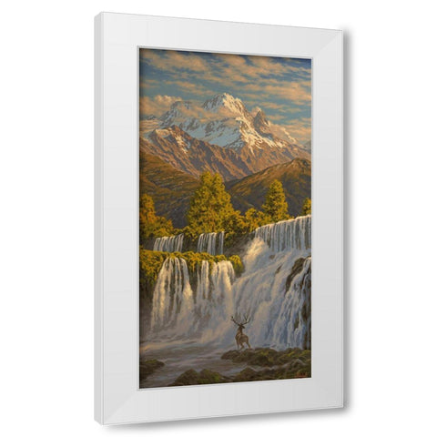 Deer by Waterfall in the Mountains White Modern Wood Framed Art Print by Adamov, Alexey