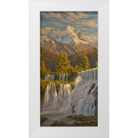 Deer by Waterfall in the Mountains White Modern Wood Framed Art Print by Adamov, Alexey