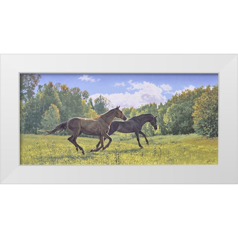 Running Horses White Modern Wood Framed Art Print by Adamov, Alexey