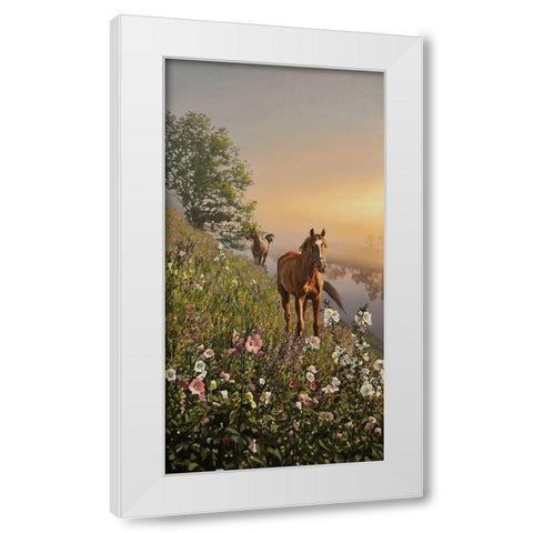 Horses by River Don White Modern Wood Framed Art Print by Adamov, Alexey