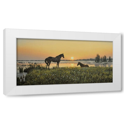 Horses by Sunrise White Modern Wood Framed Art Print by Adamov, Alexey