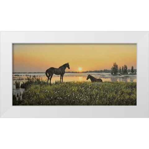 Horses by Sunrise White Modern Wood Framed Art Print by Adamov, Alexey