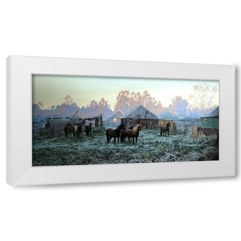 Horses in old Village White Modern Wood Framed Art Print by Adamov, Alexey
