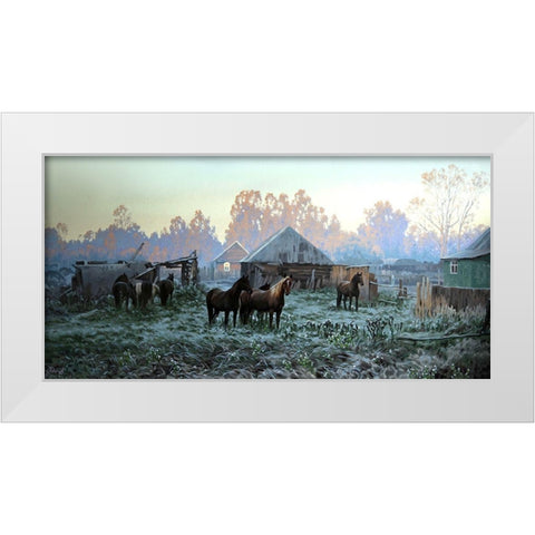 Horses in old Village White Modern Wood Framed Art Print by Adamov, Alexey