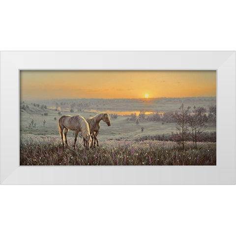 Horses by Sunrise  White Modern Wood Framed Art Print by Adamov, Alexey